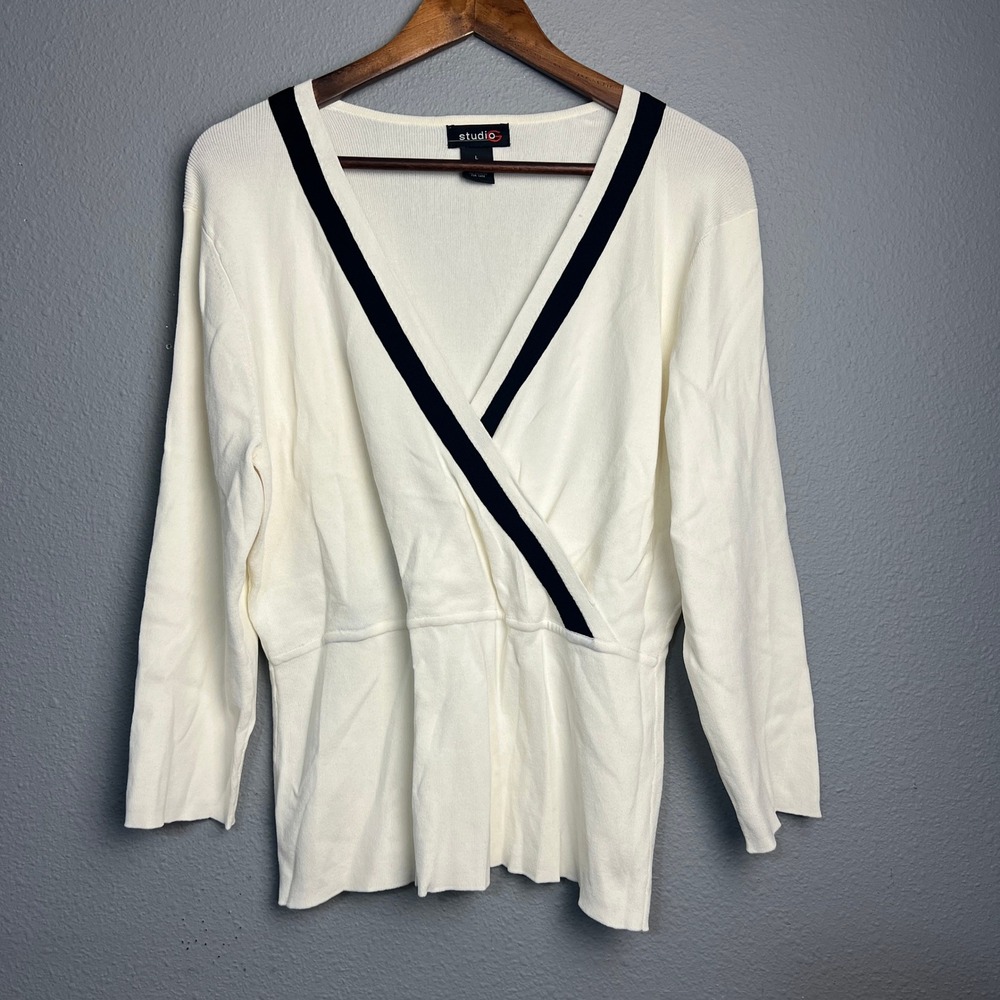 Studio C Cream Faux Wrap Front Top Long Sleeve Knit Blouse Size‎ L Grannycore